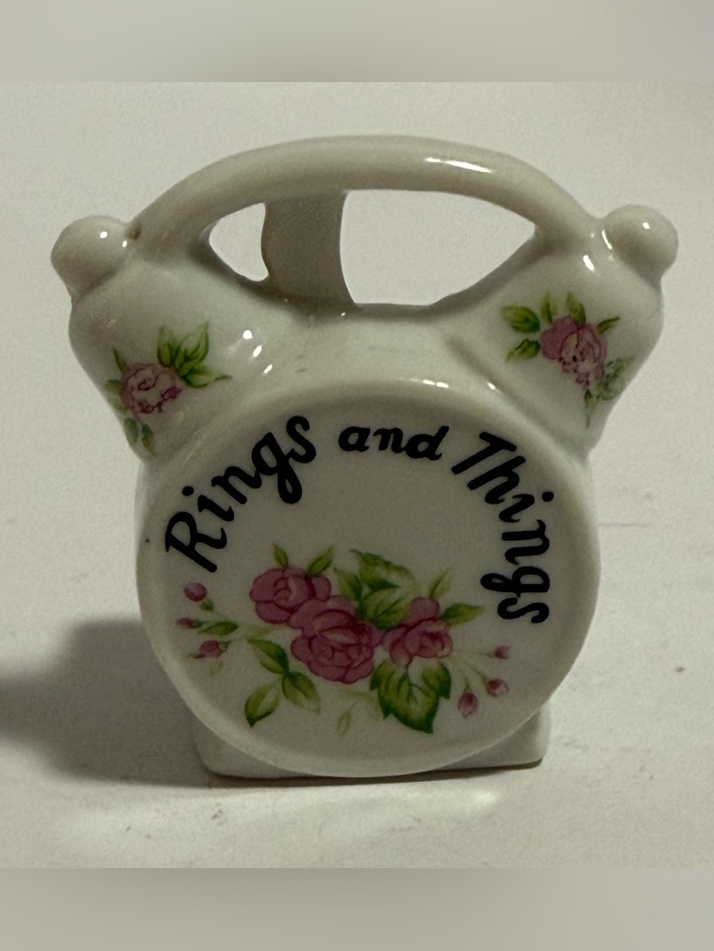 Vintage Ceramic Alarm Clock "Rings and Things" Pink Floral Ring Dish Holder